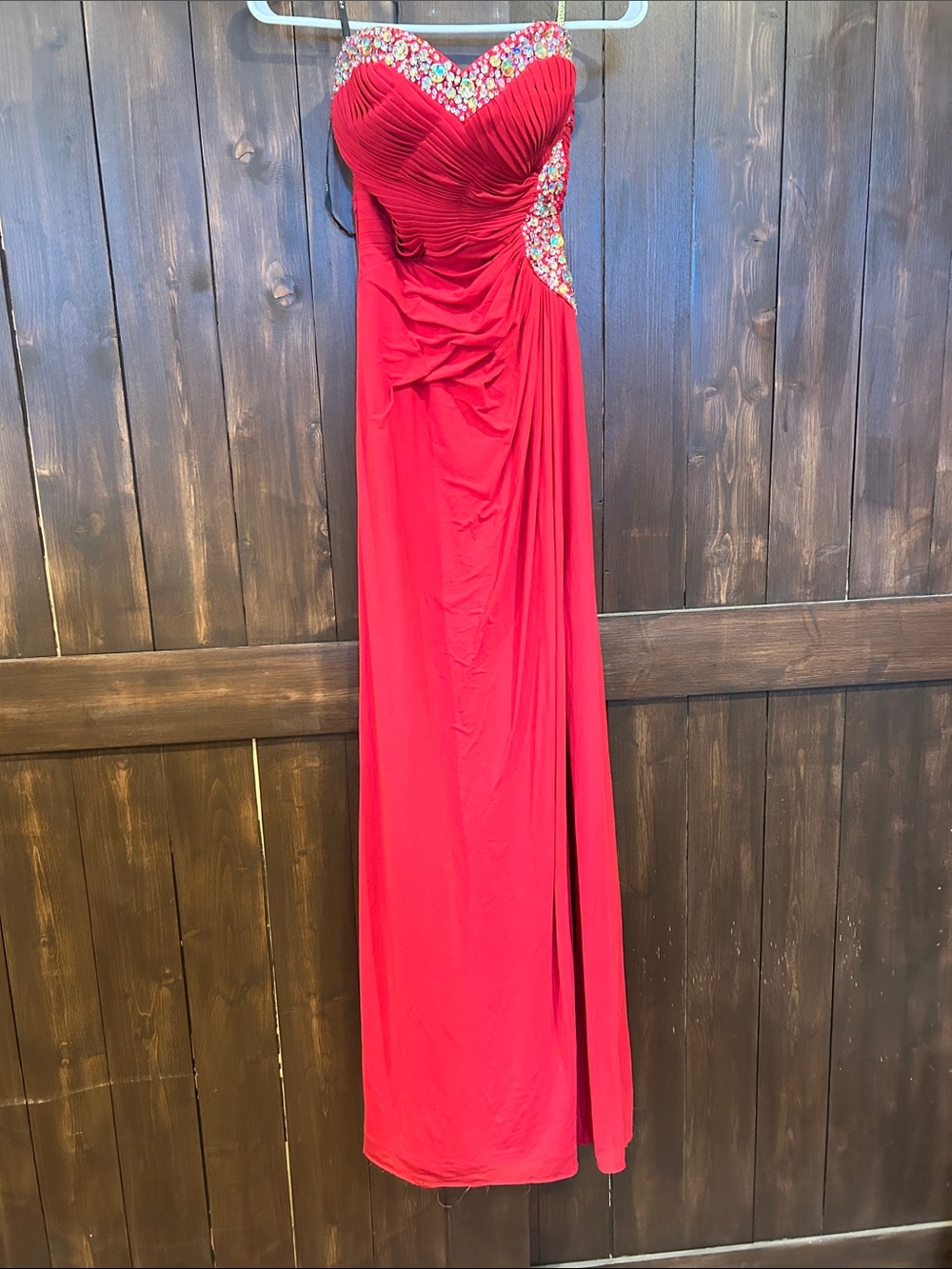 Lipsy Red Strapless Prom Gown with Beaded Accents